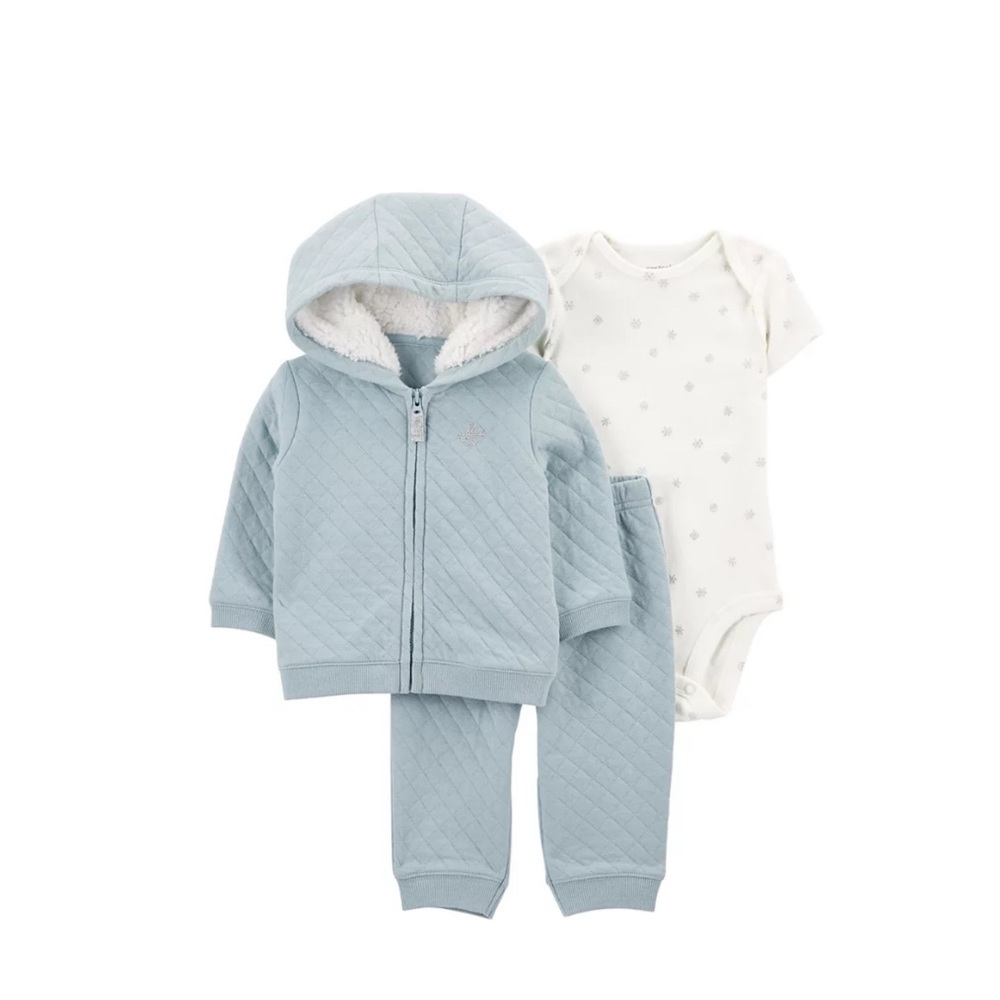 3mo Blue Quilted Hoodie Set with Snowflake Sparkle Onesie